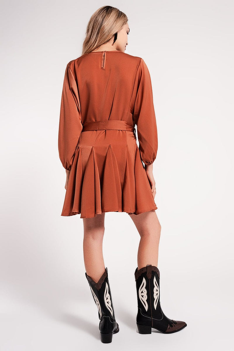 Q2 Dresses Satin mini dress with belt in orange