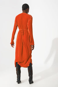 Q2 Dresses Satin wrap deatil pleated dress in orange