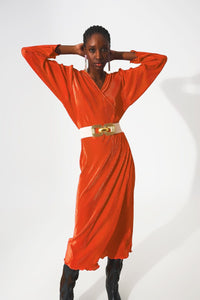 Q2 Dresses Satin wrap deatil pleated dress in orange