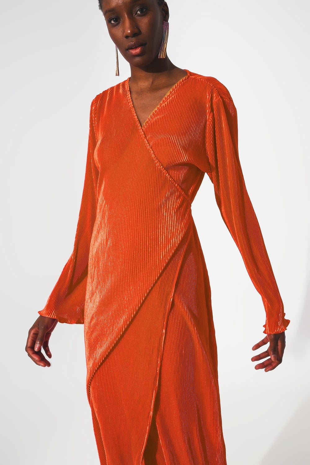 Q2 Dresses Satin wrap deatil pleated dress in orange