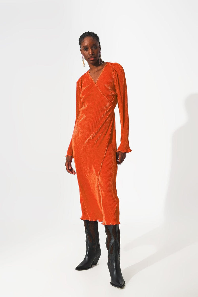 Q2 Dresses Satin wrap deatil pleated dress in orange