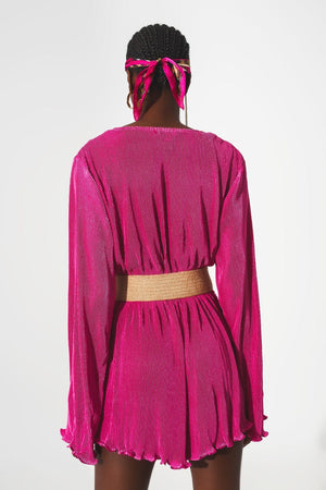 Q2 Dresses Satin wrap deatil pleated short jumpsuit in fuchsia