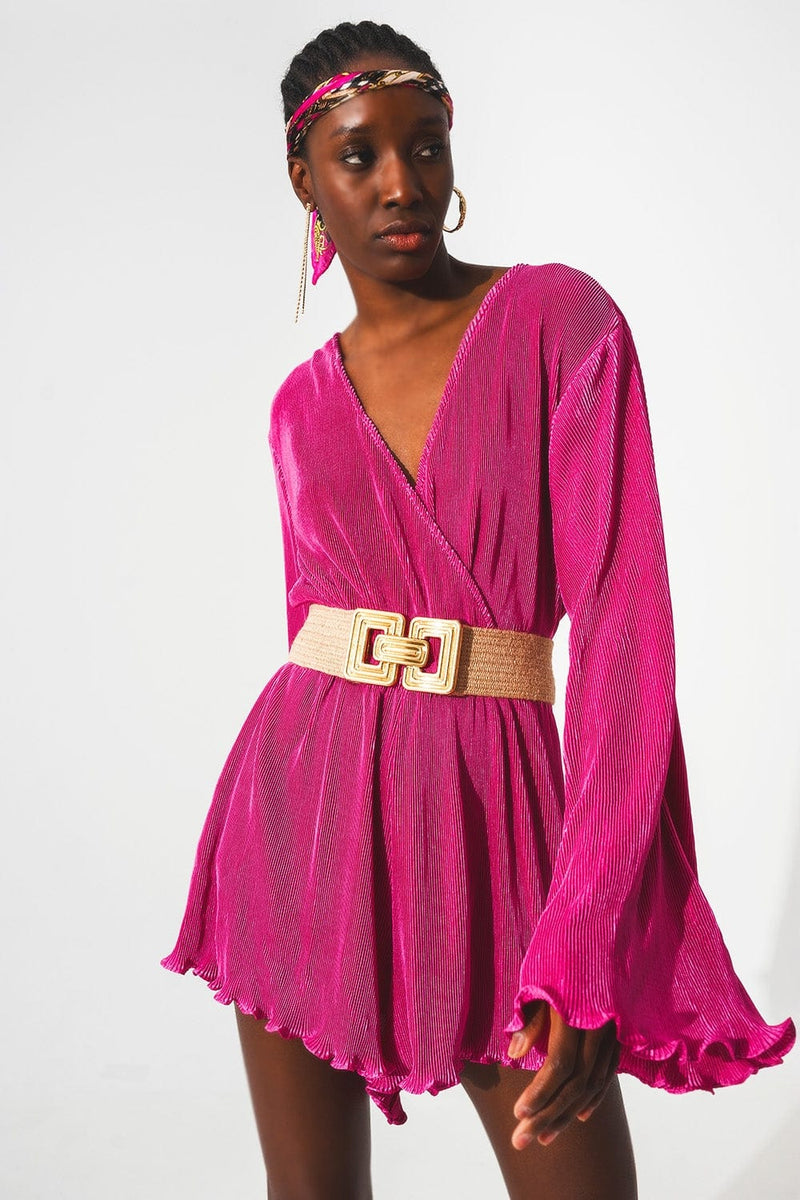 Q2 Dresses Satin wrap deatil pleated short jumpsuit in fuchsia