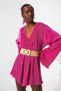 Q2 Dresses Satin wrap deatil pleated short jumpsuit in fuchsia