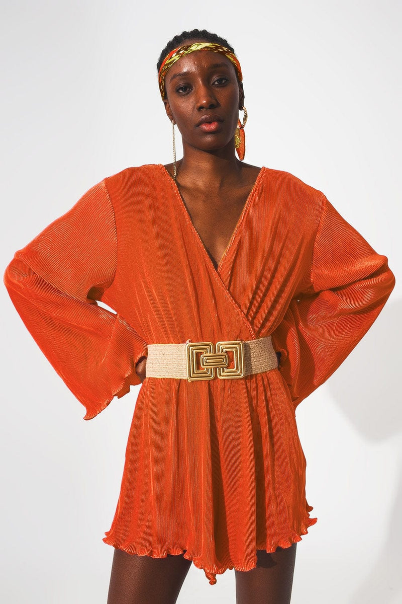 Q2 Dresses Satin wrap deatil pleated short jumpsuit in orange