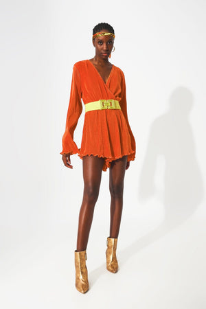 Q2 Dresses Satin wrap deatil pleated short jumpsuit in orange