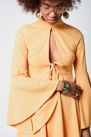 Q2 Dresses Yellow bell sleeve plunge dress