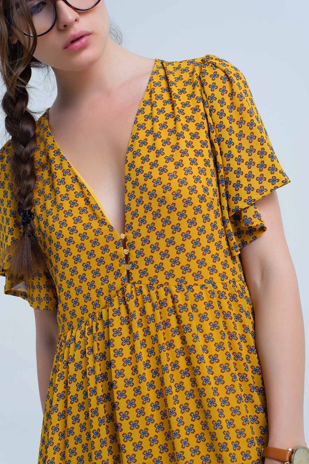 Q2 Dresses Yellow dress with flight and geometric pattern