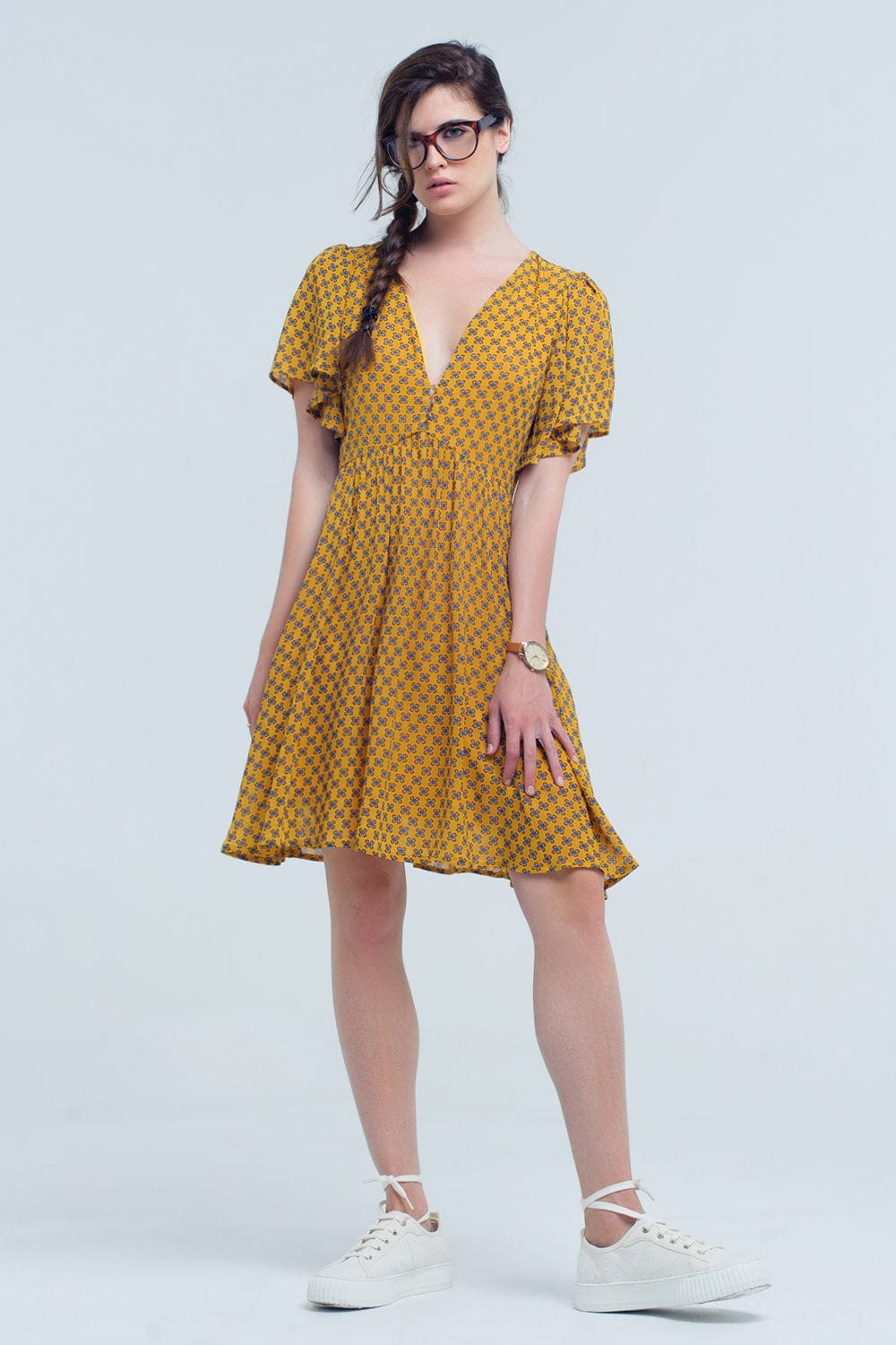 Q2 Dresses Yellow dress with flight and geometric pattern