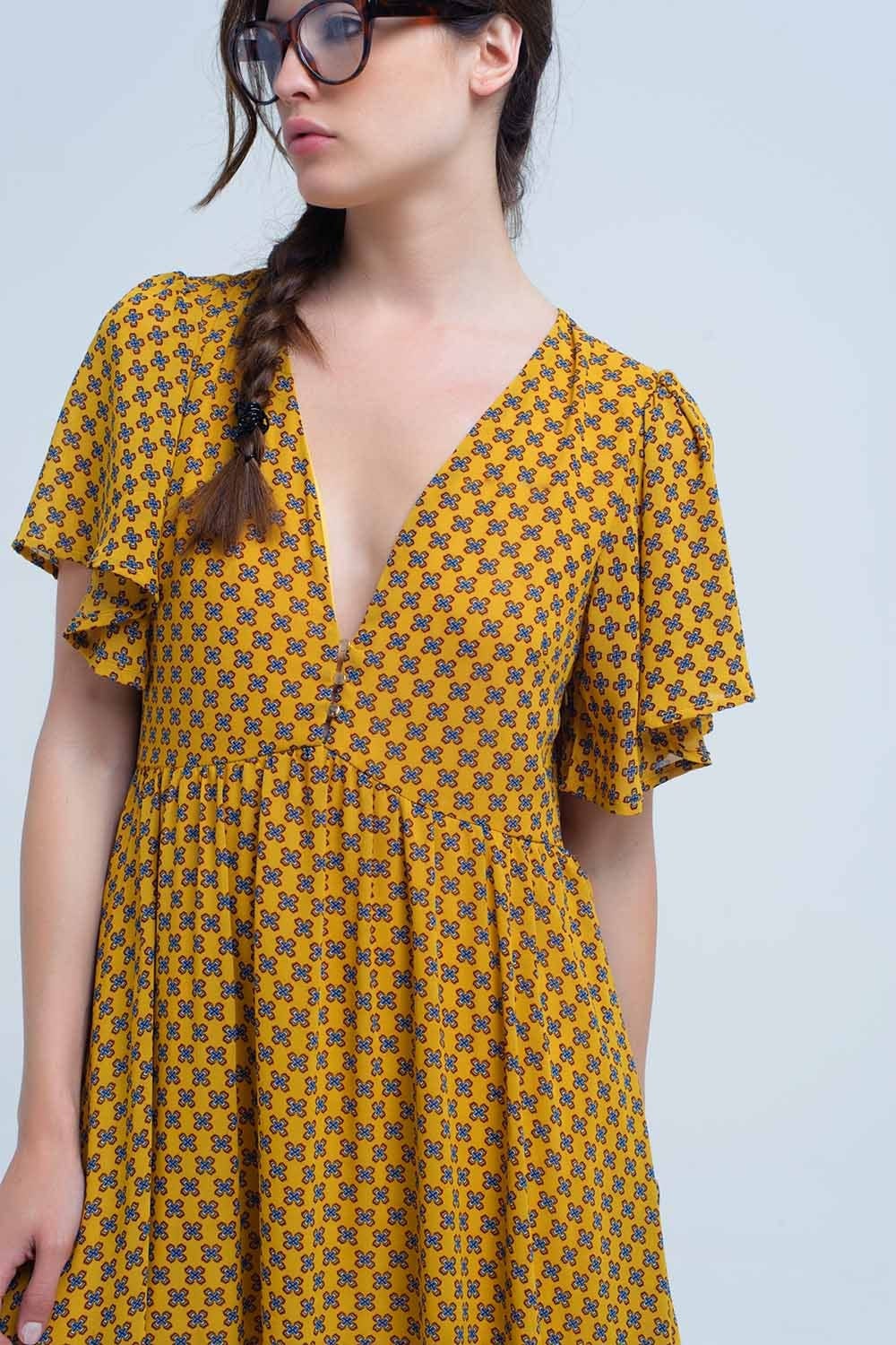 Q2 Dresses Yellow dress with flight and geometric pattern