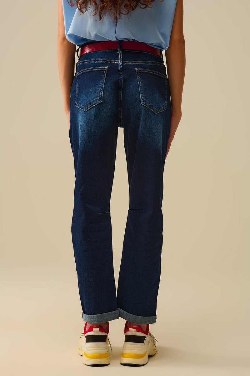 Q2 Jeans Dark Wash Jeans With Contrast Stitching And Cuffed Hems