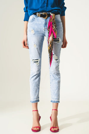 Q2 Jeans Distressed straight jeans with hem detail in blue