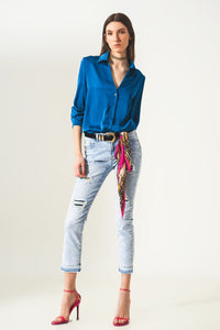 Q2 Jeans Distressed straight jeans with hem detail in blue