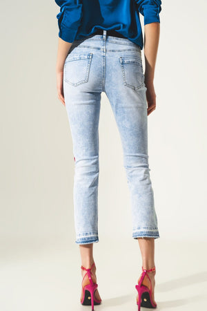 Q2 Jeans Distressed straight jeans with hem detail in blue