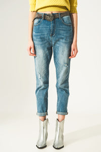 Q2 Jeans Distressed straight leg jean in light blue