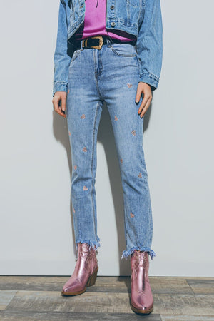 Q2 Jeans Heart Embellished Jeans with teared hem in Med Wash