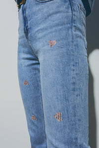 Q2 Jeans Heart Embellished Jeans with teared hem in Med Wash