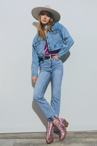 Q2 Jeans Heart Embellished Jeans with teared hem in Med Wash