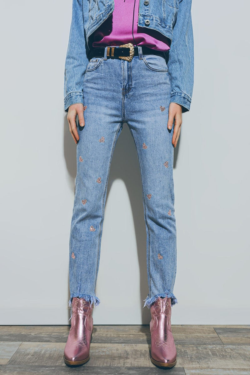 Q2 Jeans Heart Embellished Jeans with teared hem in Med Wash