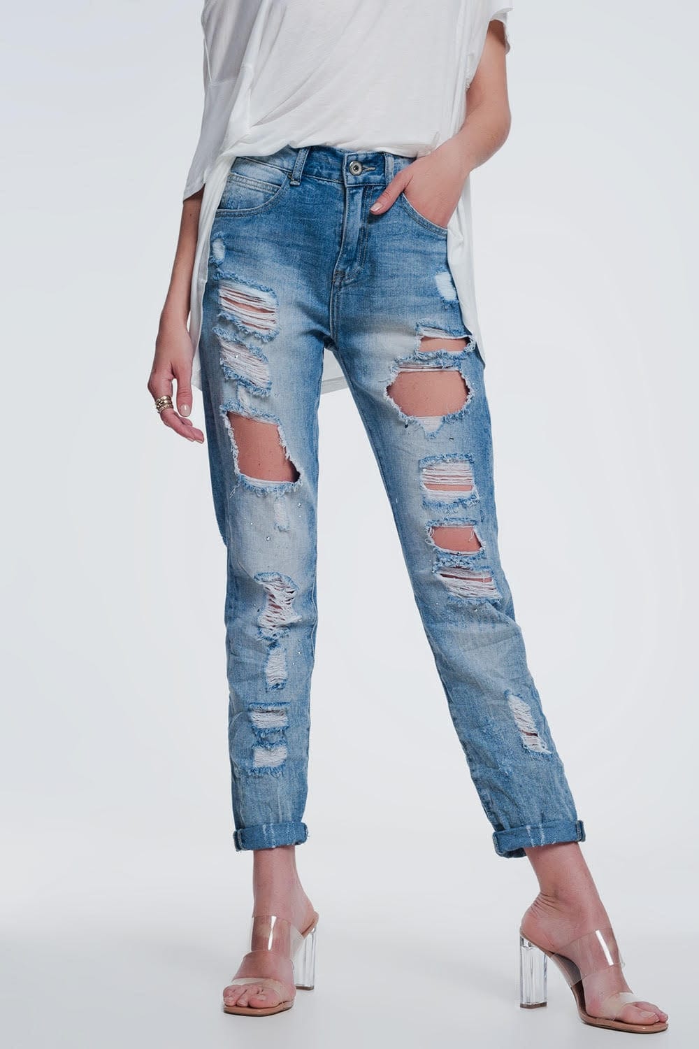 Q2 Jeans Heavily torn straight jeans in light denim