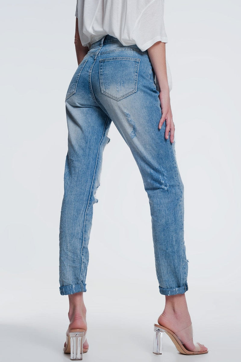 Q2 Jeans Heavily torn straight jeans in light denim