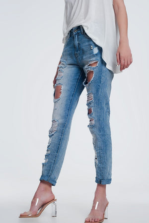 Q2 Jeans Heavily torn straight jeans in light denim