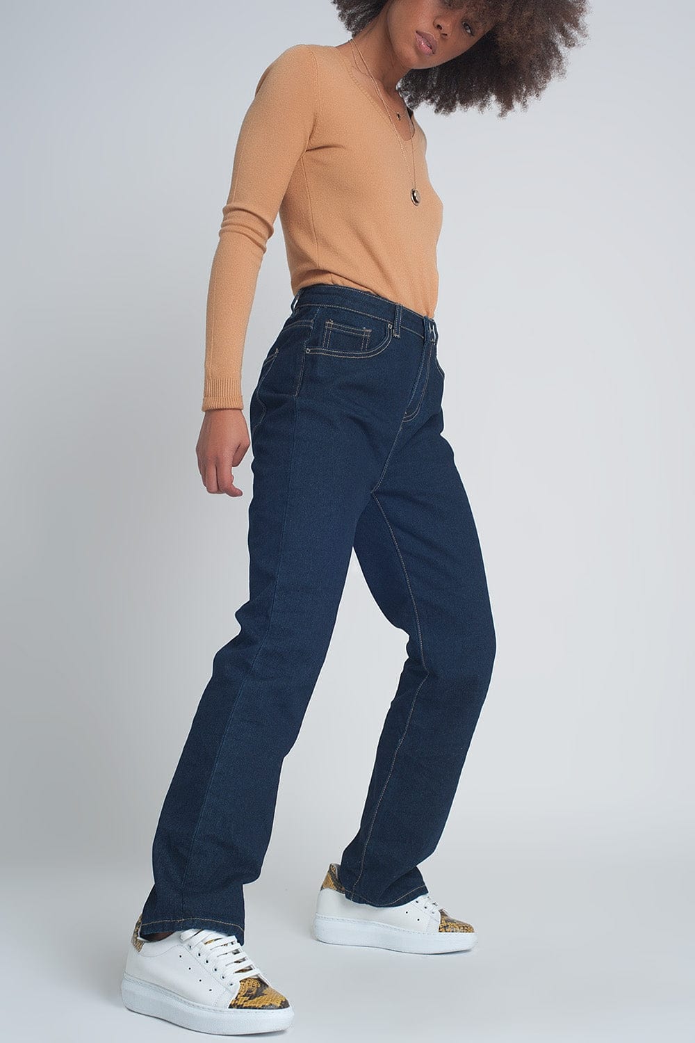 Q2 Jeans High rise straight cut jeans in dark blue