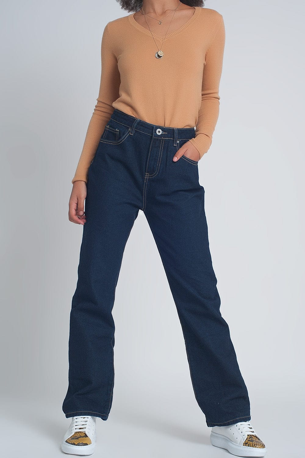 Q2 Jeans High rise straight cut jeans in dark blue