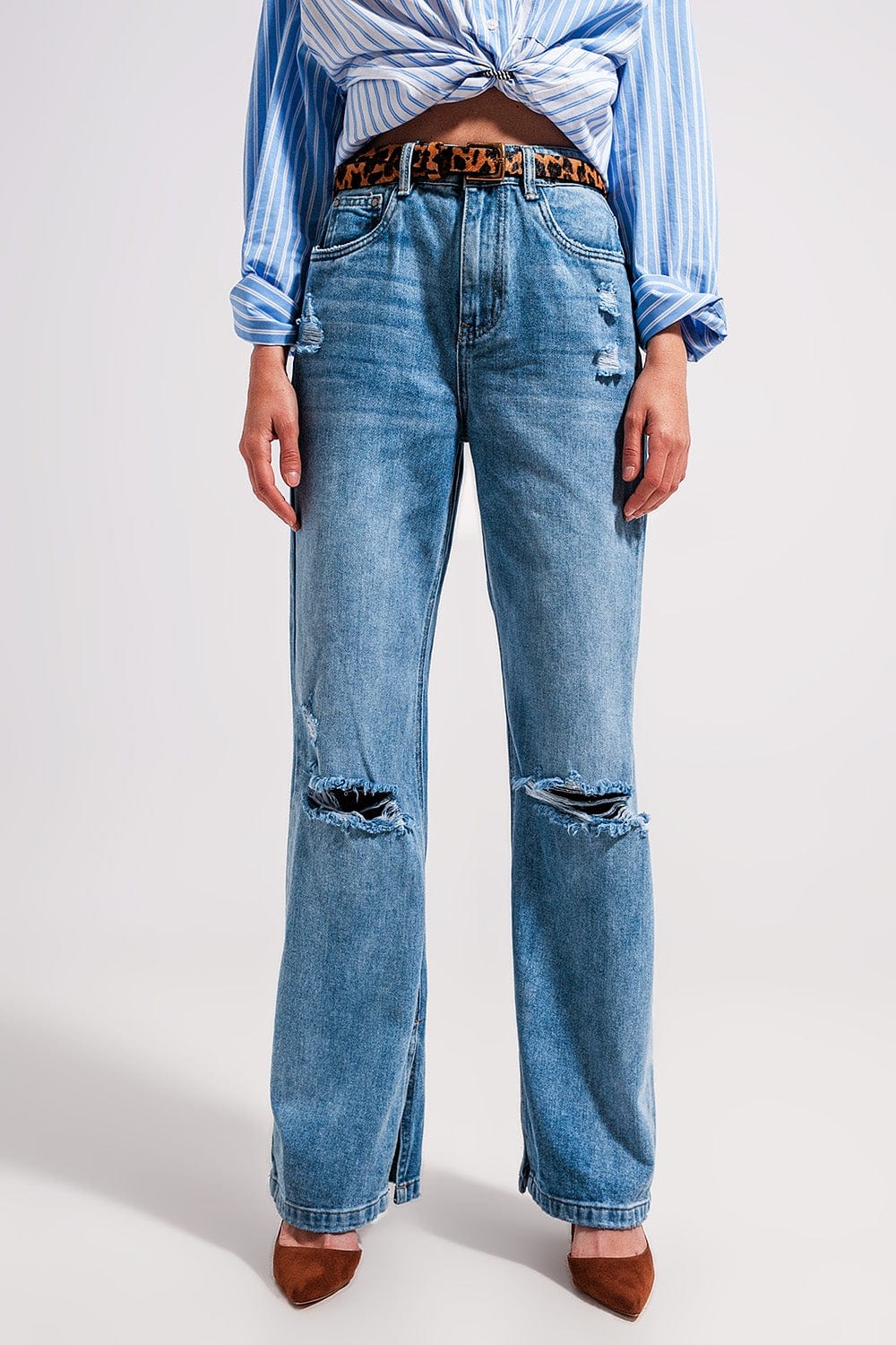Q2 Jeans High waist jeans with split hem in vintage wash