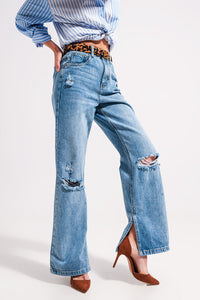 Q2 Jeans High waist jeans with split hem in vintage wash