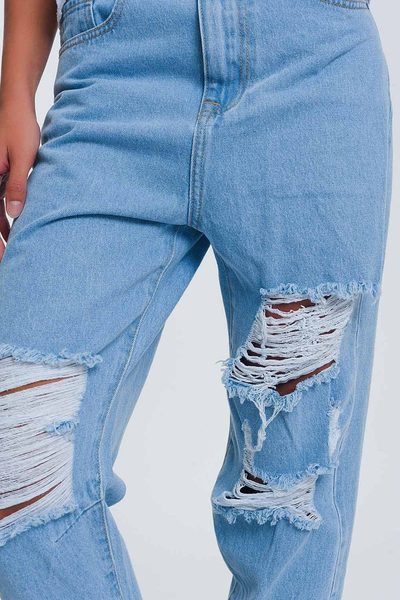 Q2 Jeans High waist mom jeans with busted knees in light denim