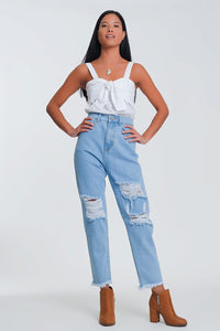 Q2 Jeans High waist mom jeans with busted knees in light denim