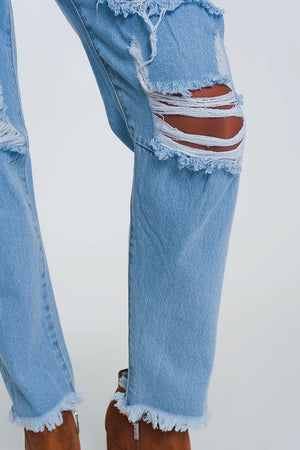 Q2 Jeans High waist mom jeans with busted knees in light denim