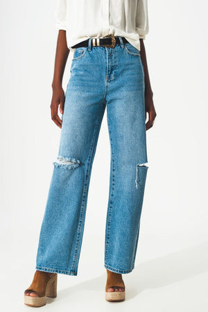 Q2 Jeans high waist straight leg jeans with ripped knee in blue