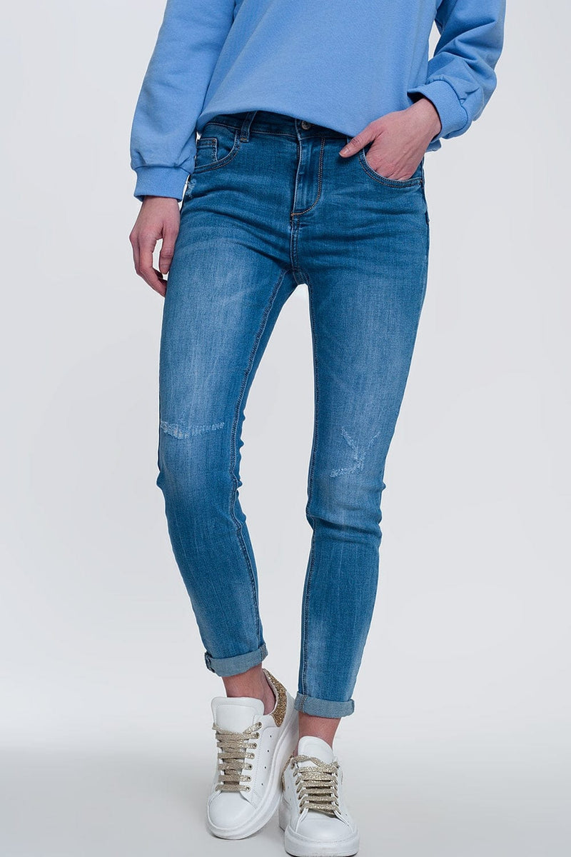 Q2 Jeans light denim skinny jeans with folded ankles and ripped detail