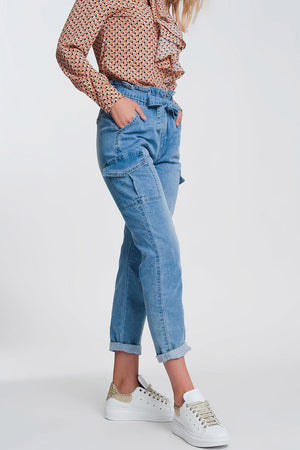 Q2 Jeans Paperbag tie waist jeans in light blue