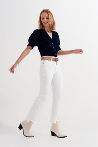 Q2 Jeans Rigid cropped flare jeans in cream with raw hem