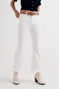 Q2 Jeans Rigid cropped flare jeans in cream with raw hem