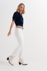 Q2 Jeans Rigid cropped flare jeans in cream with raw hem