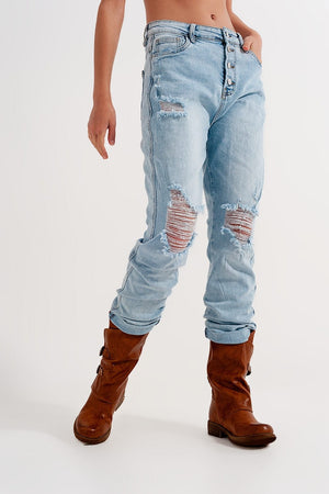 Q2 Jeans Straight leg distressed jeans with button detail in light blue