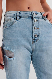 Q2 Jeans Straight leg distressed jeans with button detail in light blue