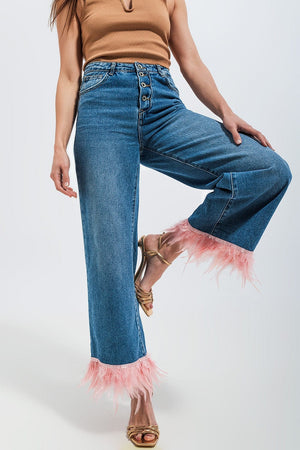 Q2 Jeans Straight leg jeans with faux feather hem in pink