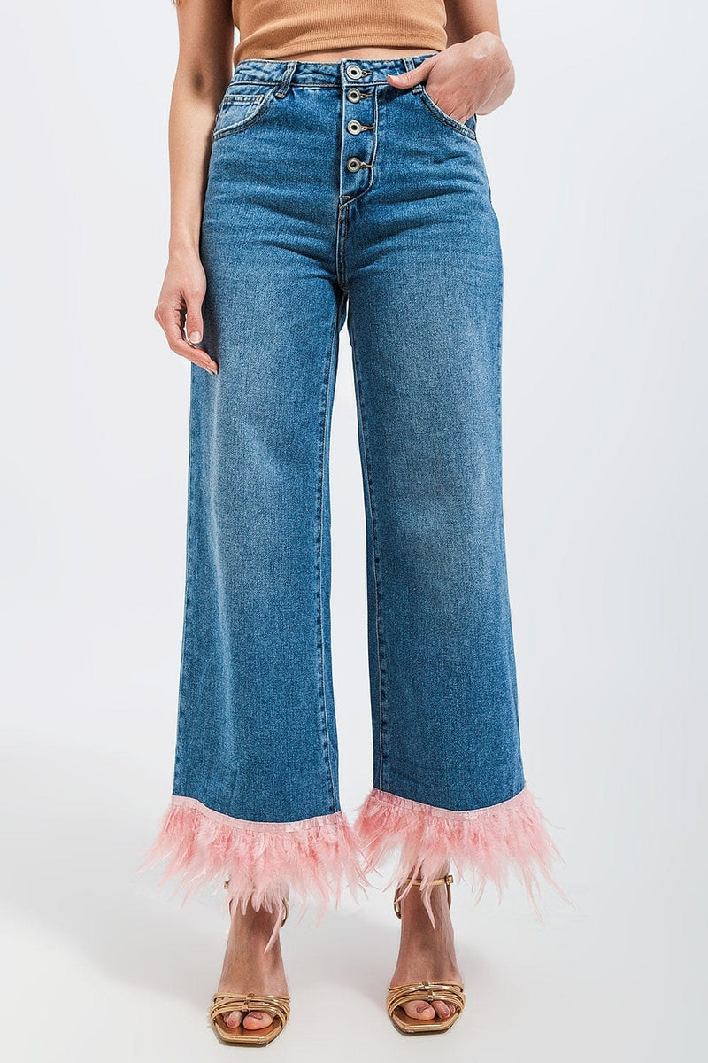 Q2 Jeans Straight leg jeans with faux feather hem in pink