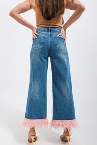Q2 Jeans Straight leg jeans with faux feather hem in pink