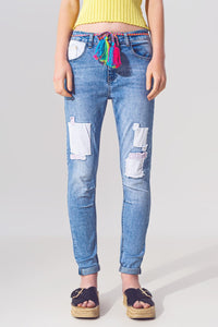 Q2 Jeans Stretch Skinny Jeans with Patches in Mid Wash and Belt Detail