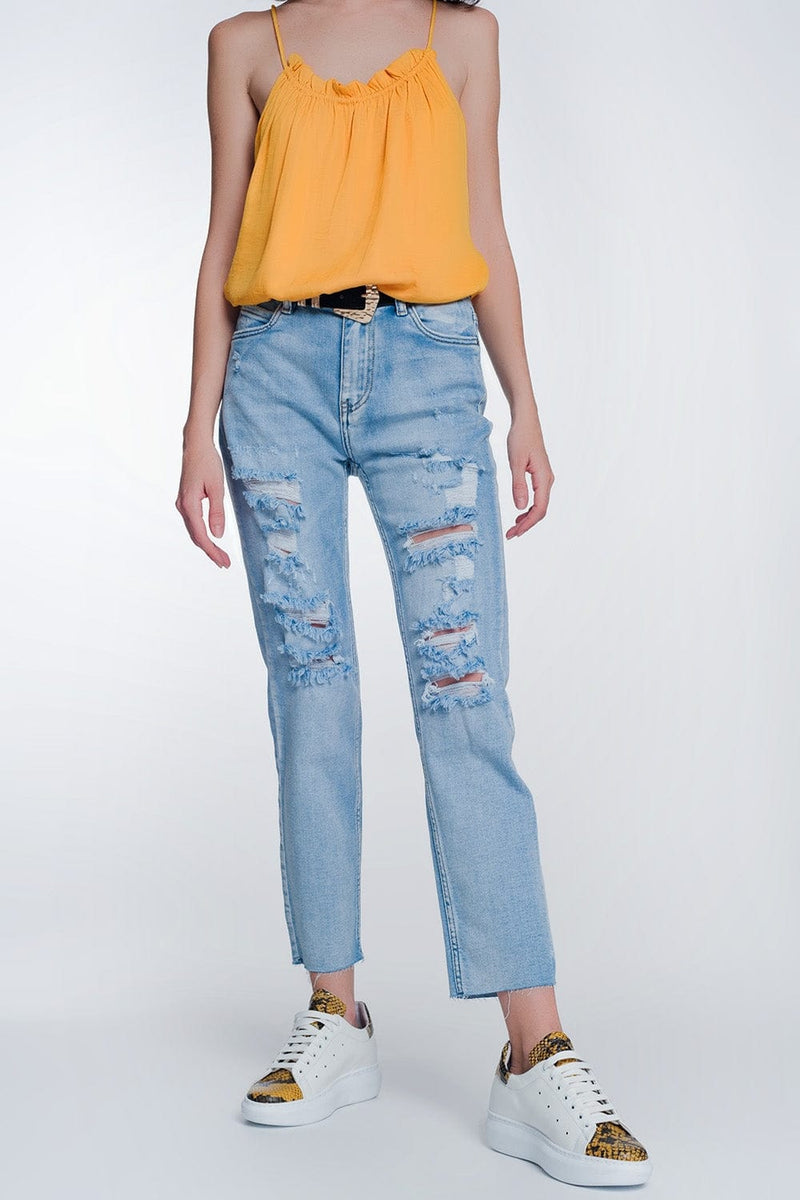 Q2 Jeans wide leg cropped raw hem jeans in blue colour