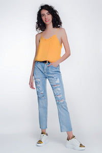 Q2 Jeans wide leg cropped raw hem jeans in blue colour