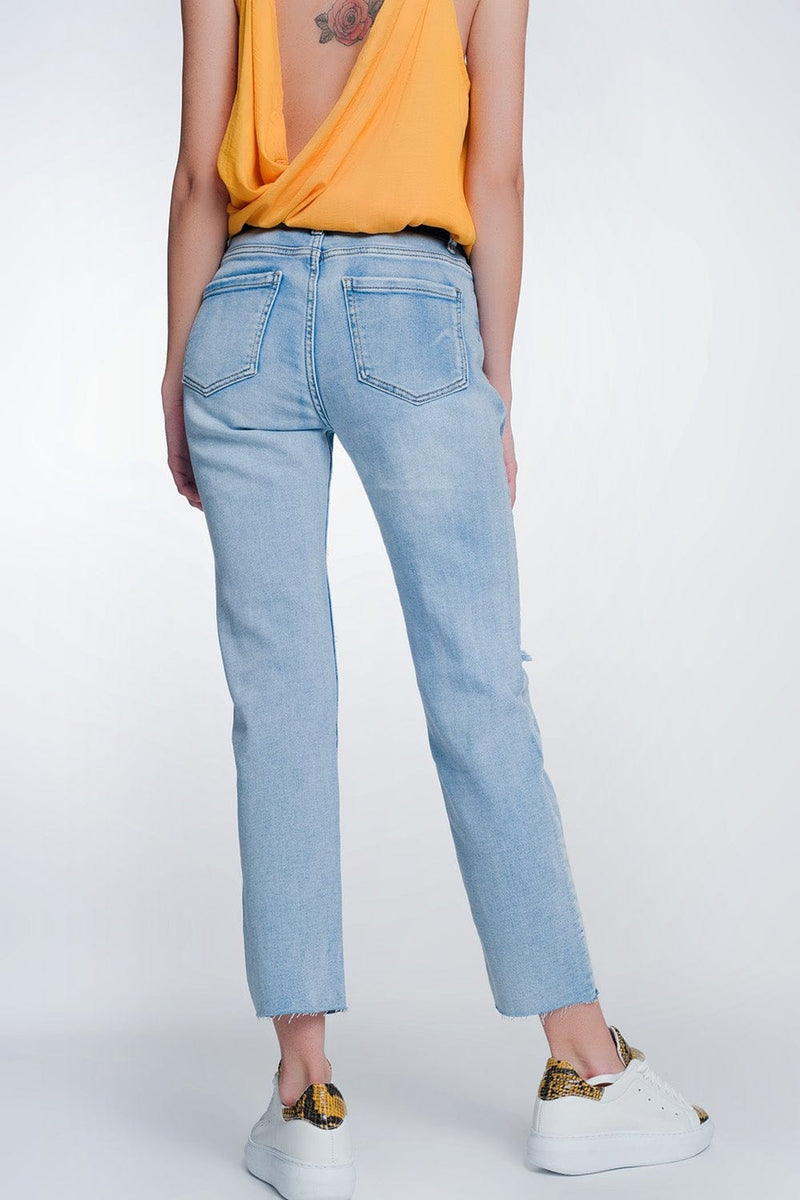 Q2 Jeans wide leg cropped raw hem jeans in blue colour