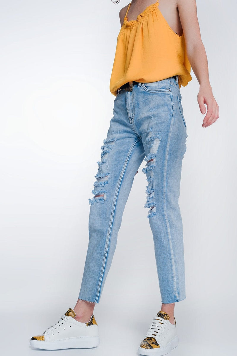 Q2 Jeans wide leg cropped raw hem jeans in blue colour