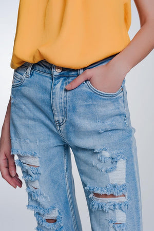 Q2 Jeans wide leg cropped raw hem jeans in blue colour